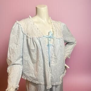 VINTAGE 80s Baby Doll Nightwear Set Size M Cottagecore Lace 2 Piece Jacket Dress
